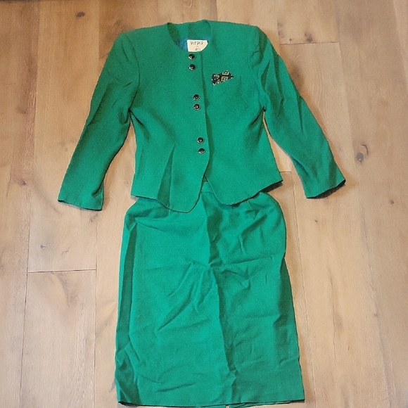 Vitage Kasper Kelly Green 100% Wool Skirt And Blazer Suit Set Size 8 - Picture 1 of 14